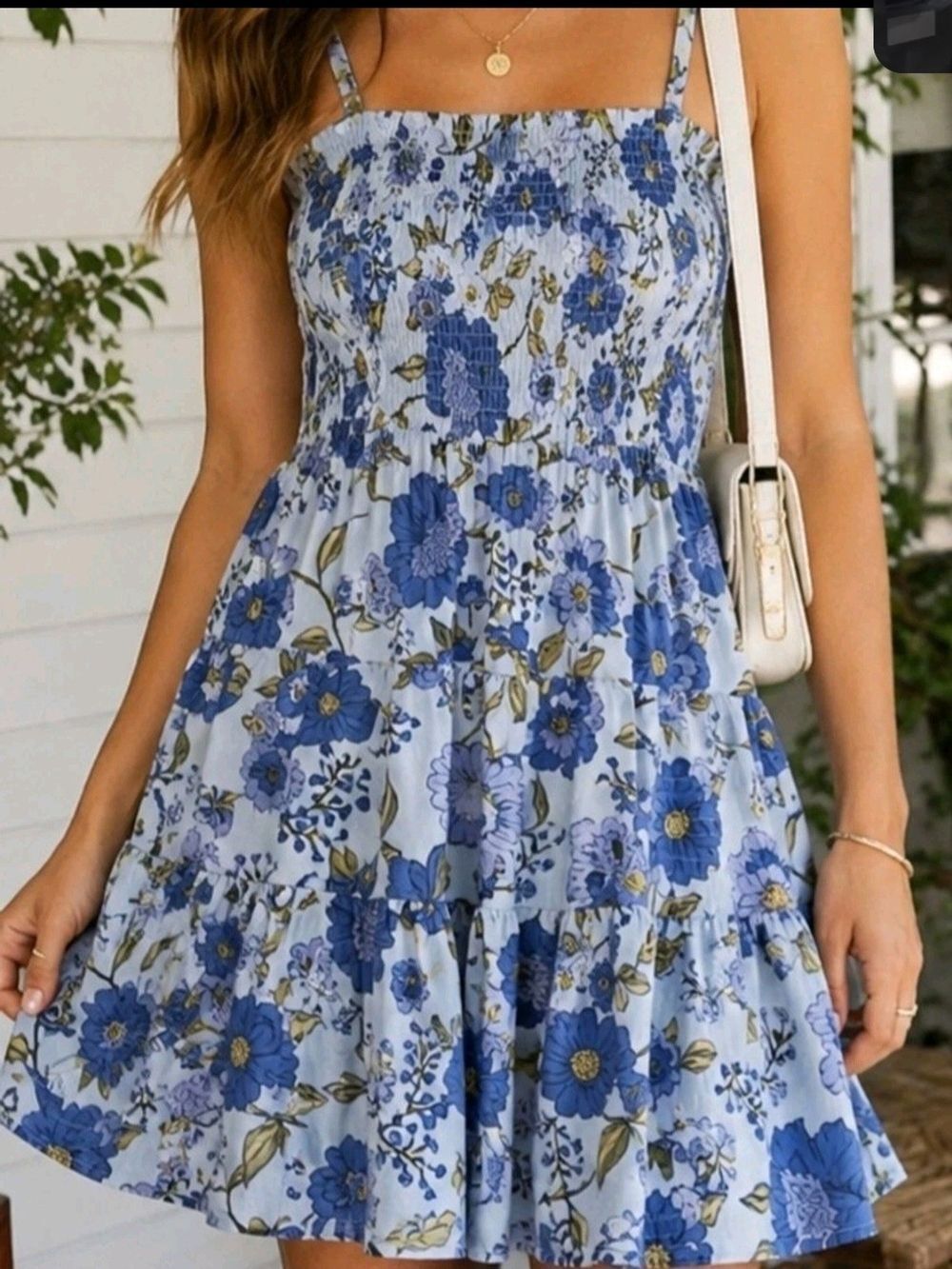 Steve Madden Blue Floral Smocked Sundress Sz L 100% Cotton Cottagecore Tiered